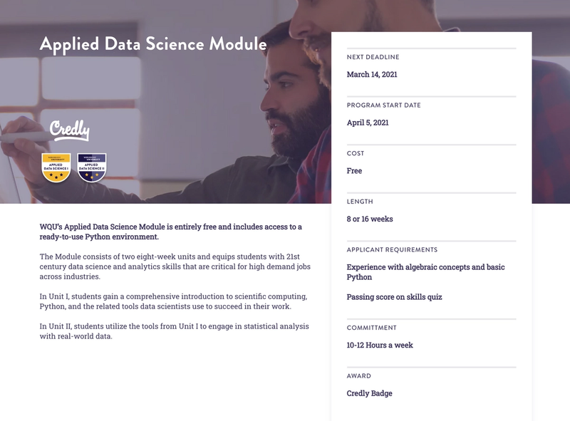 Homepage summary of one of the Data Science program. Includes a reusable component (the card on the right) that was reused in several, different "lego" components.