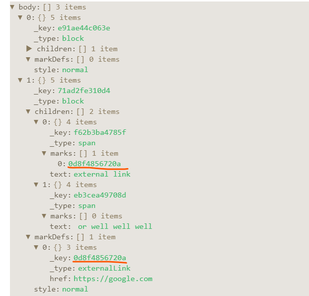 Json object showing the setup for sanity portable text, highlighting the ids for marks and markdefs