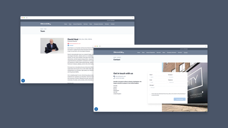 Two screenshots of the DevelRx website - Team & Contact
