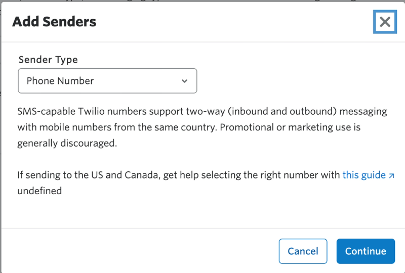 Modal displayed when 'Add sender' is clicked