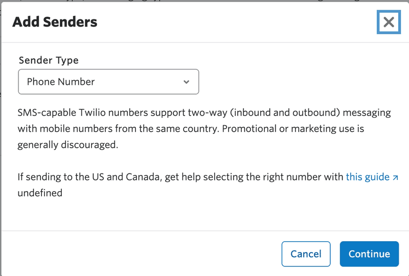 Modal displayed when 'Add sender' is clicked