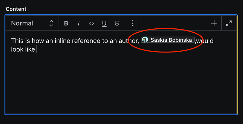 Screenshot of Inline reference to author Saskia Bobinska inside the Portable Text Editor