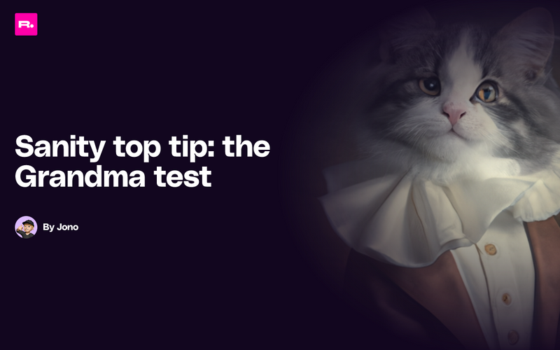 Grandma test open graph image with dapper cat on the right with a ruffled cravat 