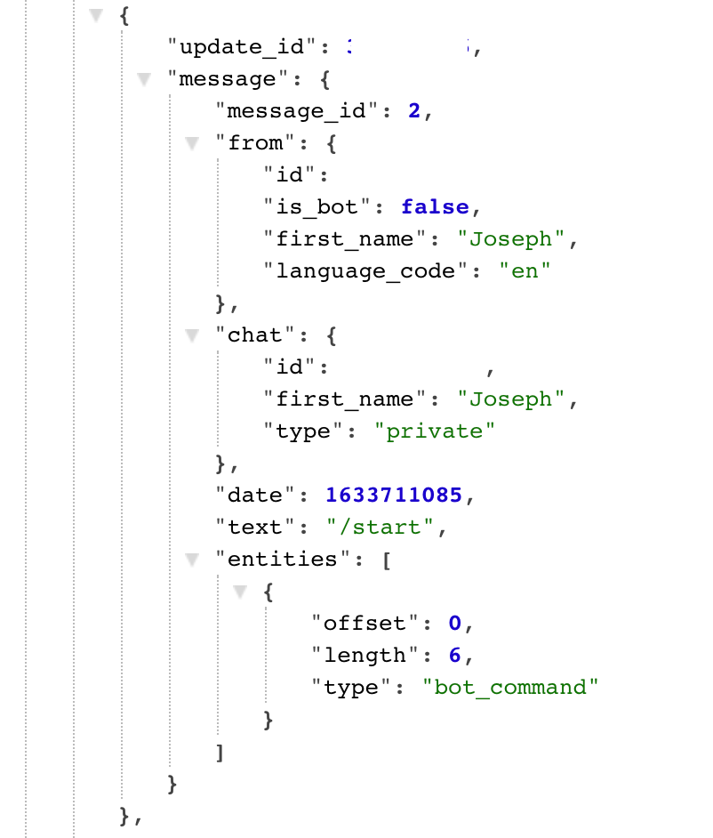 List of updates showing the conversation we just started with our bot