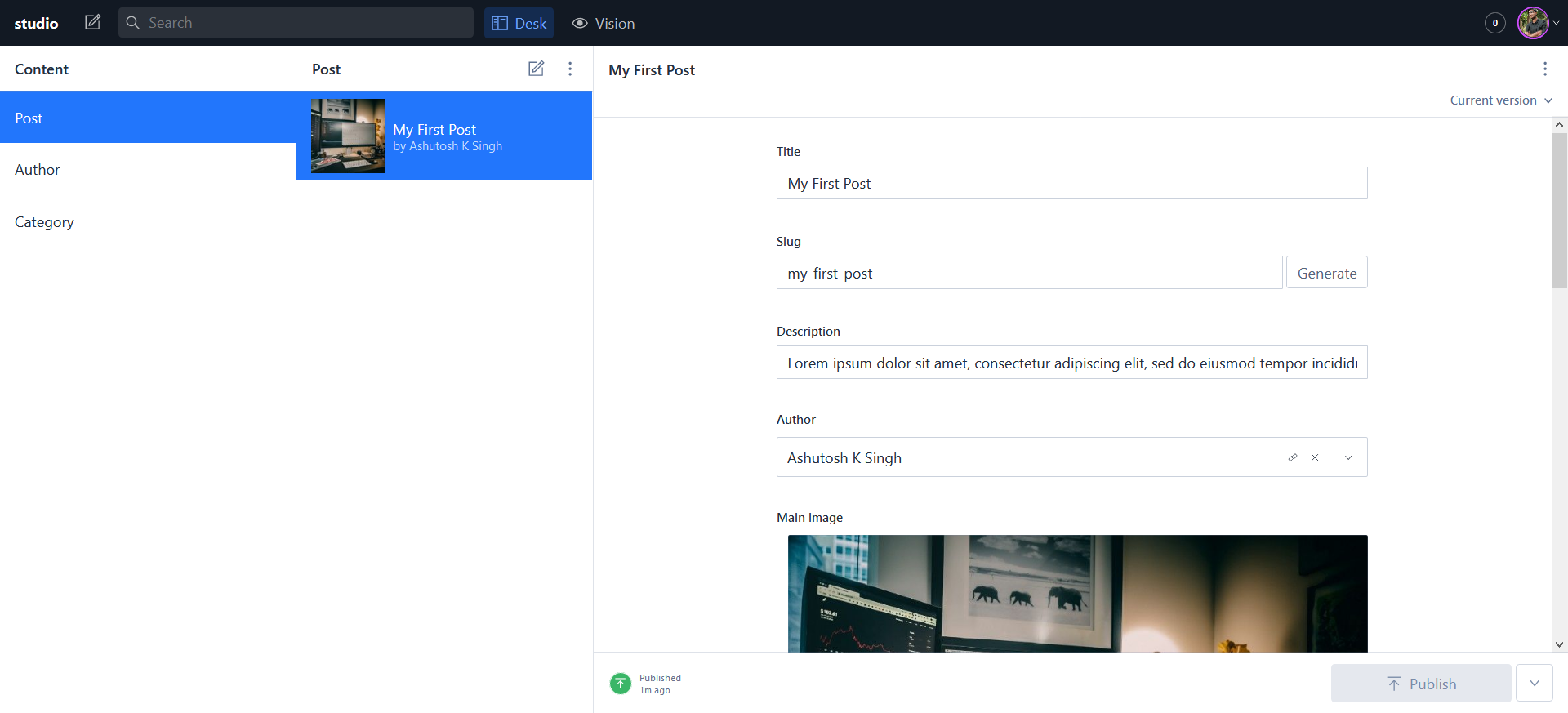 Sanity Studio with My First Post view