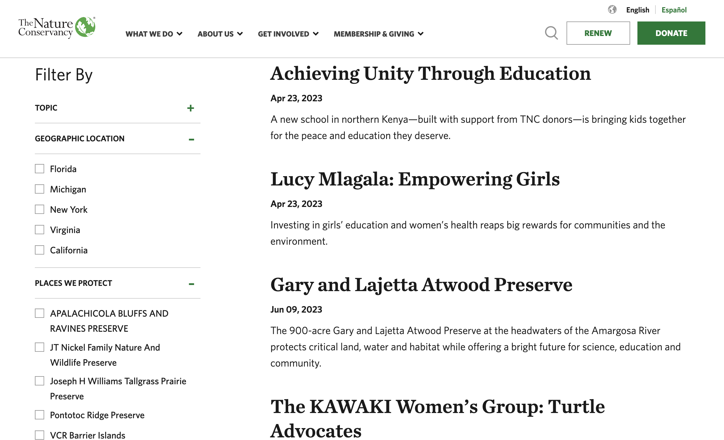 Topic, Geographic Location, and Places We Protect facets on the Nature Conservancy search results page help users locate content
