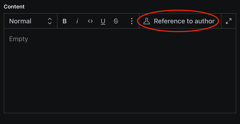 Screenshot of a Portable Text Editor in dark mode with a "Reference to author" button in the toolbar