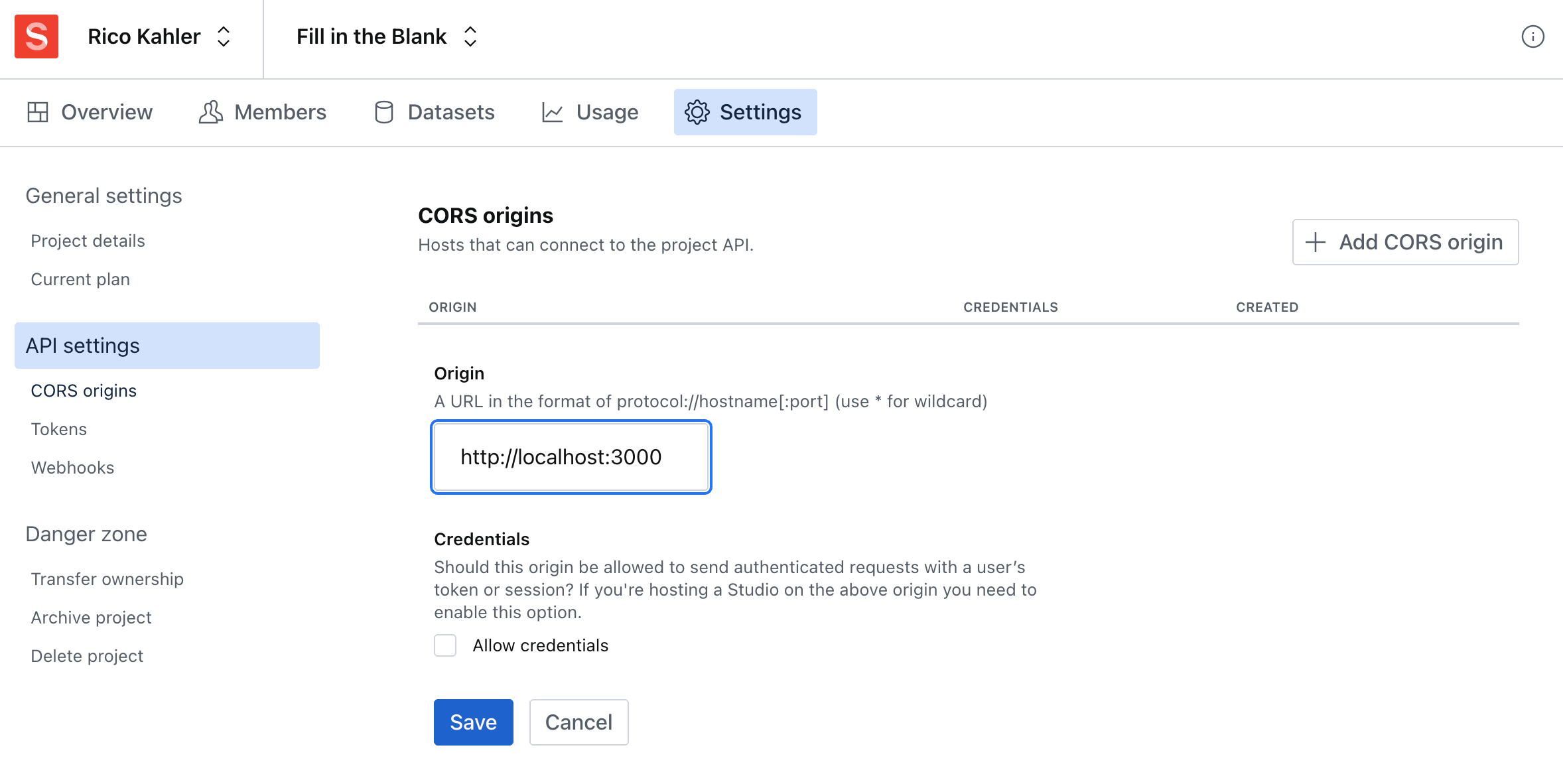 Screenshot of sanity.io/teams where you can add a new CORS origin.