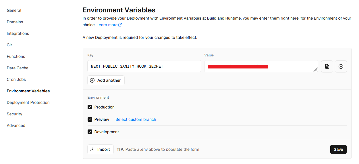 Vercel environment variable menu showing NEXT_PUBLIC_SANITY_HOOK_SECRET