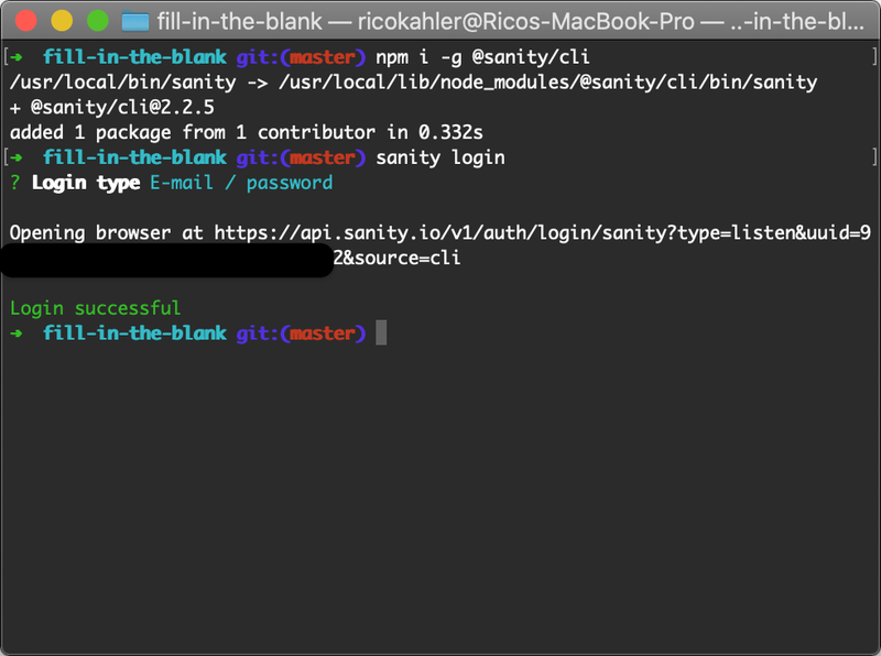 screenshot of sanity CLI and login