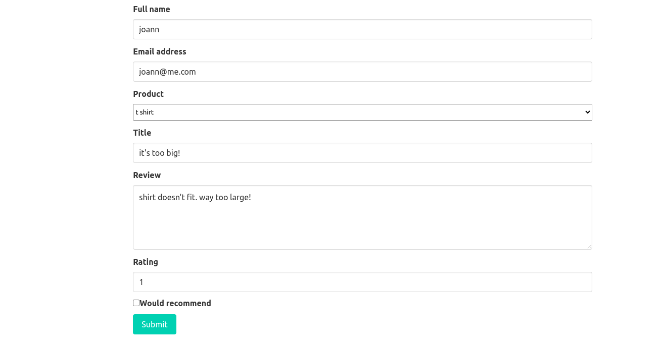 Screenshot of a form where a user is submitting a review