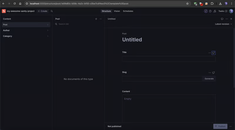 Screenshot showing the sanity app running