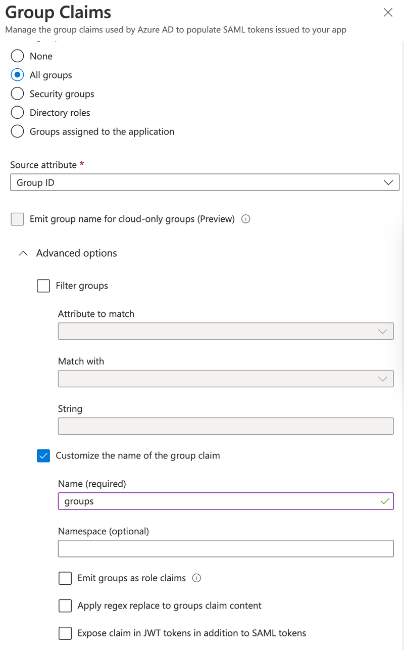 In Azure, select the groups used to populate SAML tokens issued to Sanity. 