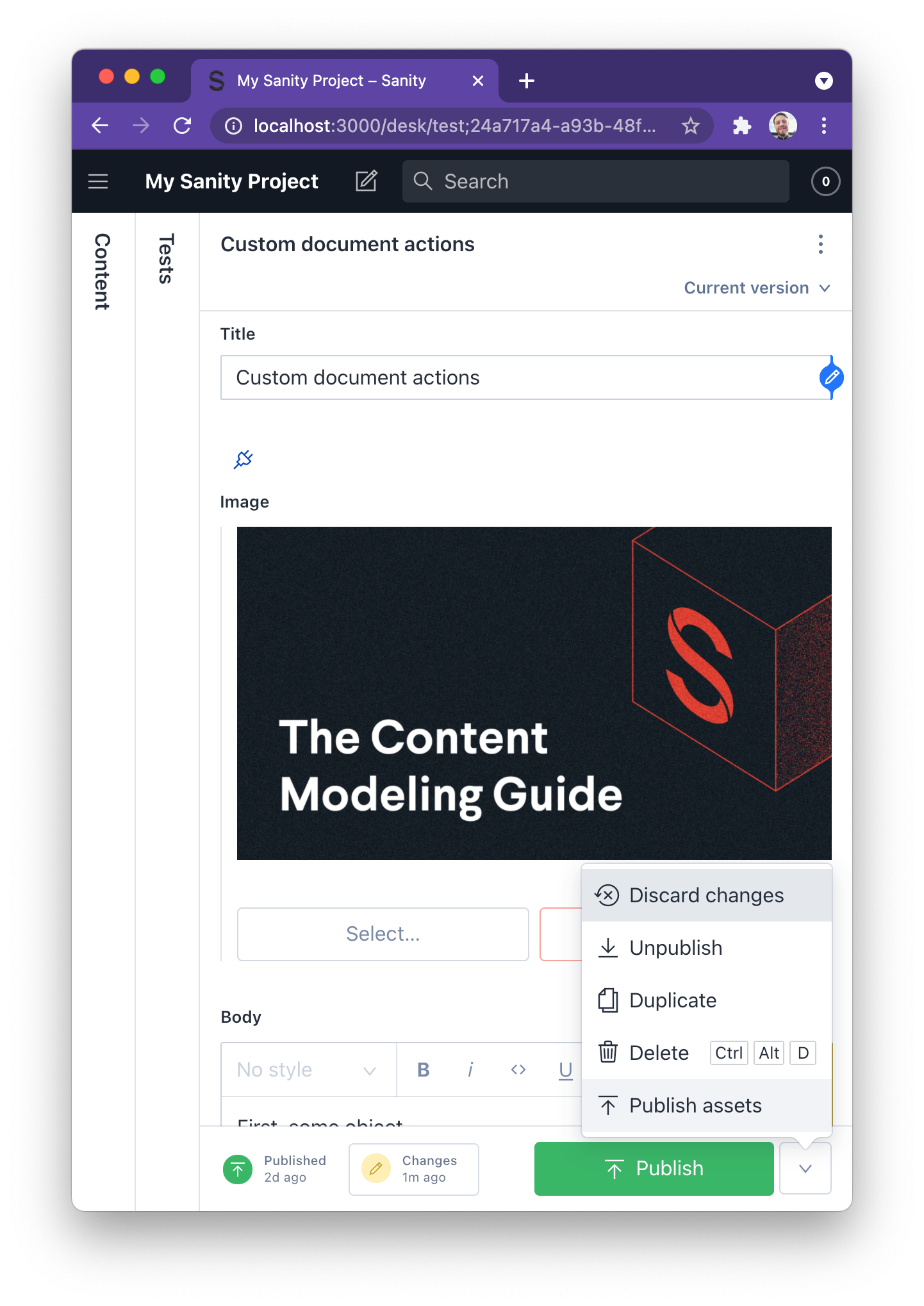 Screeenshot showing custom document action