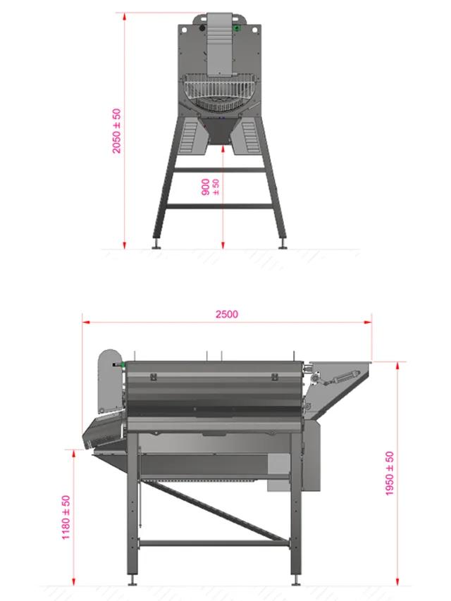 Rysunek techniczny obieraczki Forsfood Classic-5 z wymiarami gabarytowymi
