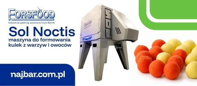 Forsfood Sol Noctis – maszyna do formowania kulek z warzyw i owoców, obok uformowane kulki warzywne