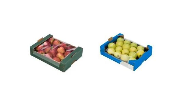 Jabłka w kartonowych tackach owinięte folią na maszynie Wrap Box 600