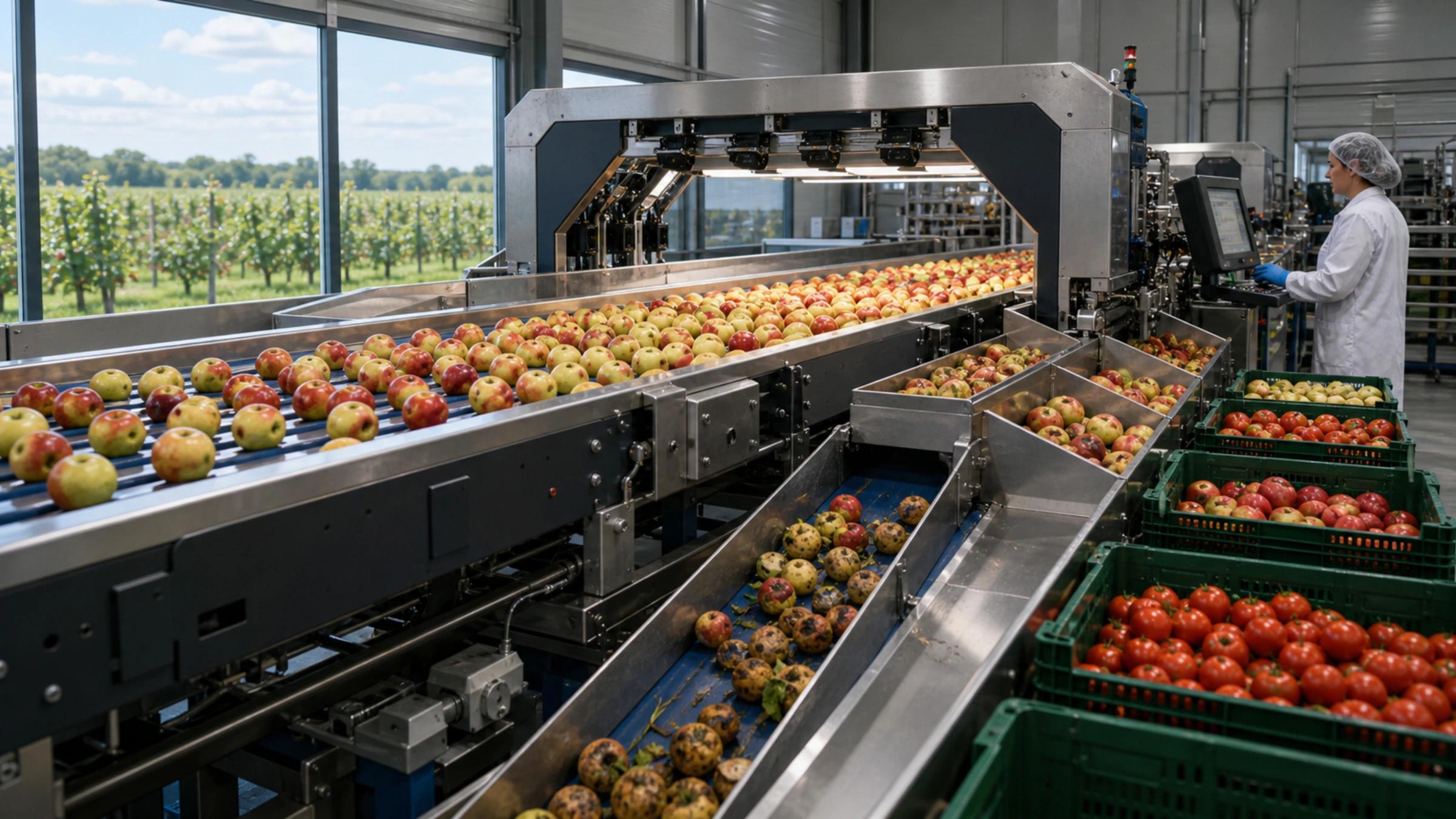Optyczna linia sortowania jabłek i pomidorów z kontrolą jakości produktu.