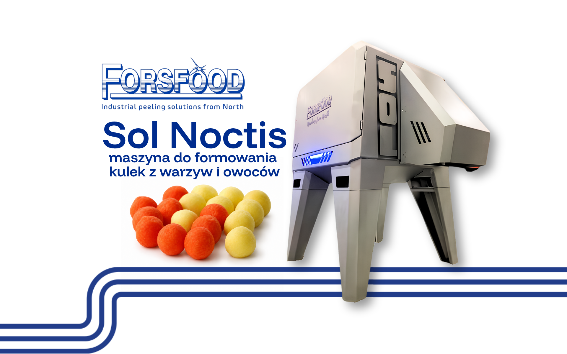 Forsfood Sol Noctis – maszyna do formowania kulek z warzyw i owoców, obok uformowane kulki warzywne