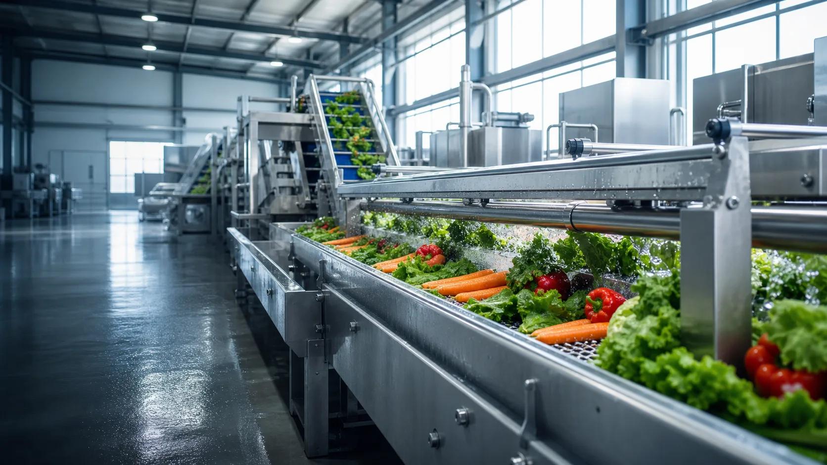 Sałata, marchew i papryka na linii do mycia warzyw w hali produkcyjnej