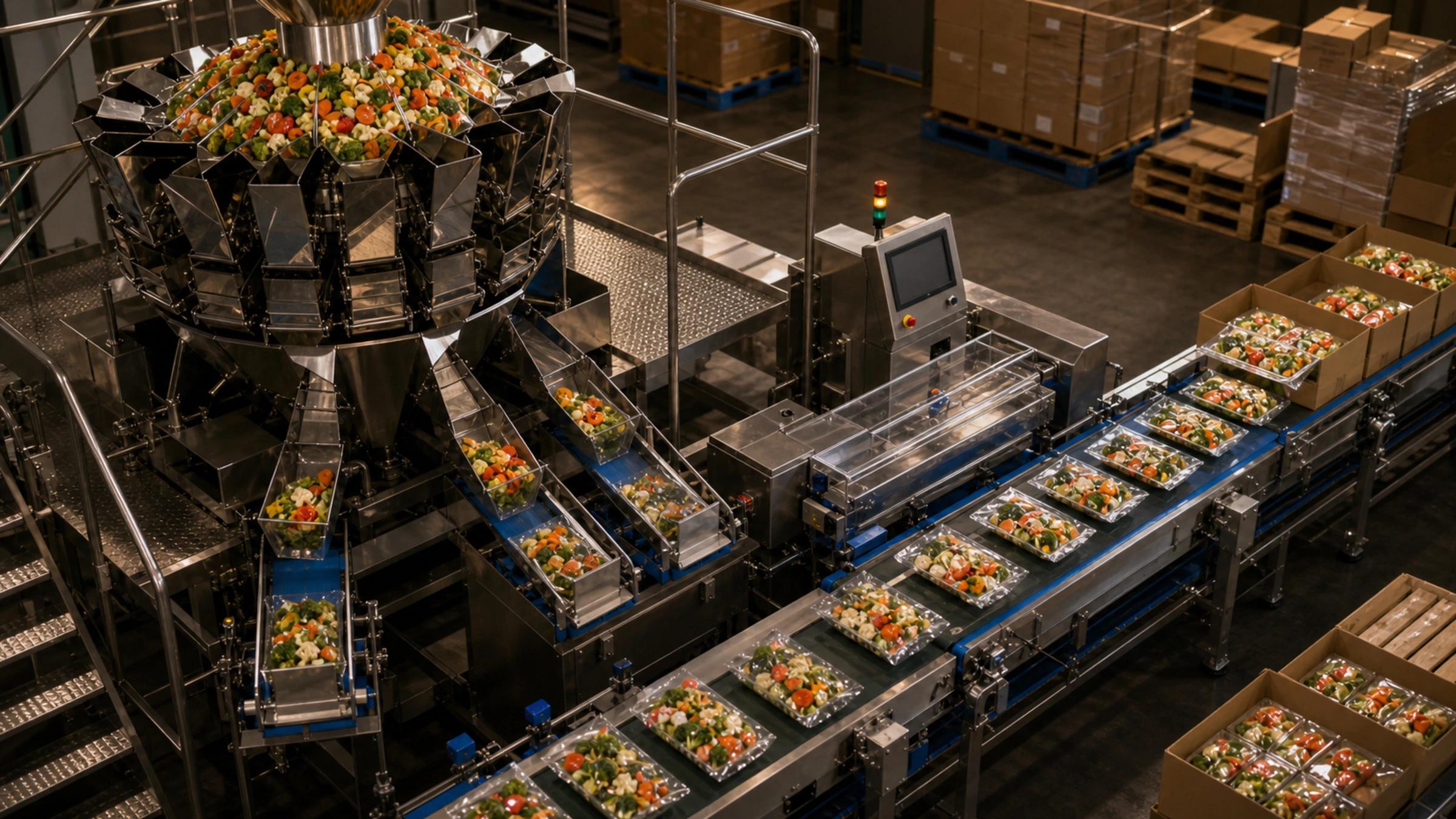 Linia ważenia i pakowania widziana z góry, z naważarką wielogłowicową, checkweigherem i gotowymi opakowaniami.