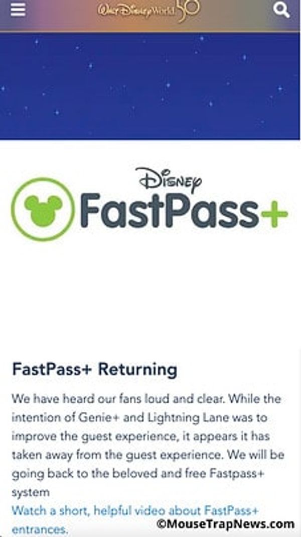 Disney Bringing Back Fastpass+ Due to Negative Feedback on Genie+