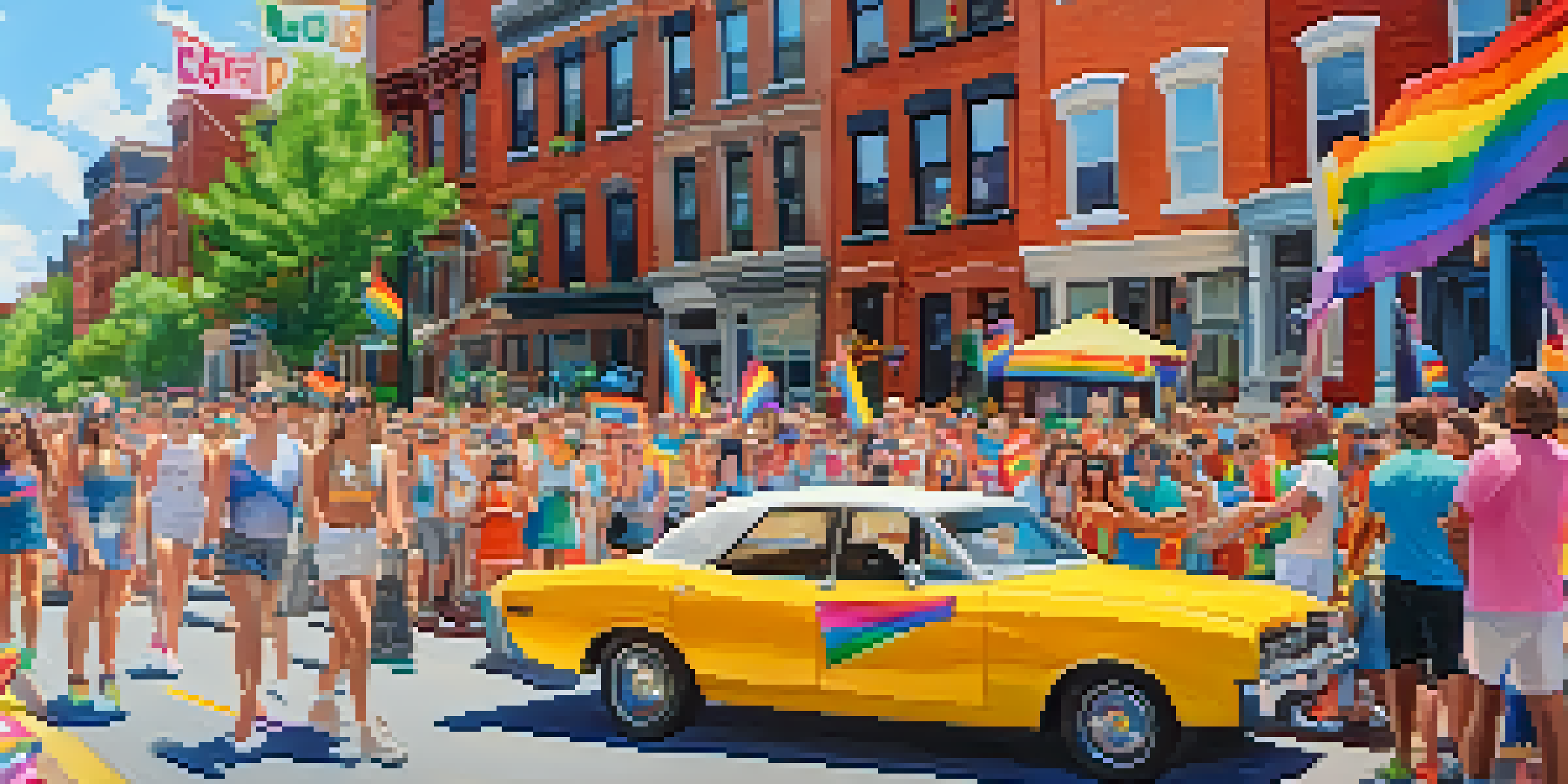 A lively Pride Parade in Boston's South End, with diverse people celebrating in colorful outfits and historic buildings in the background.