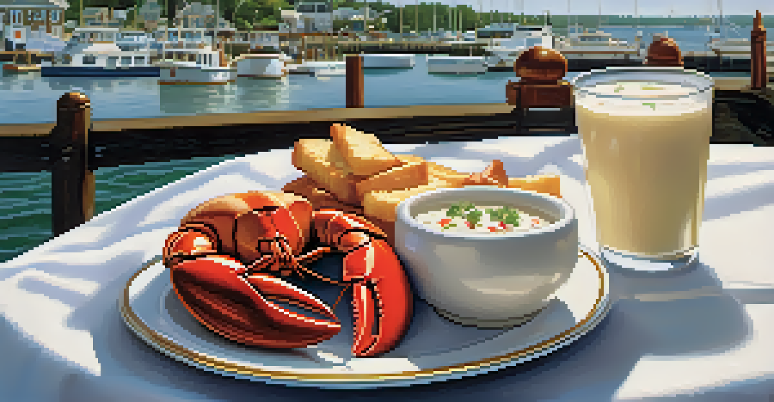 A close-up of clam chowder and lobster rolls on a table at a waterfront restaurant, with a view of the harbor in the background.