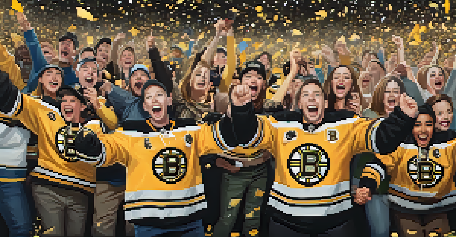 Boston Bruins fans joyfully celebrating a goal, filled with excitement and pride.