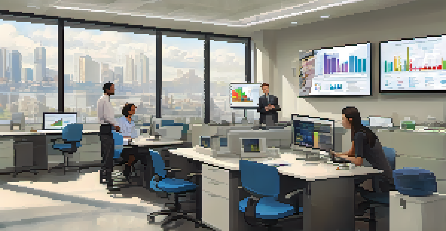 A modern Boston Public Health Commission office with health officials analyzing data on computers and discussing health strategies.