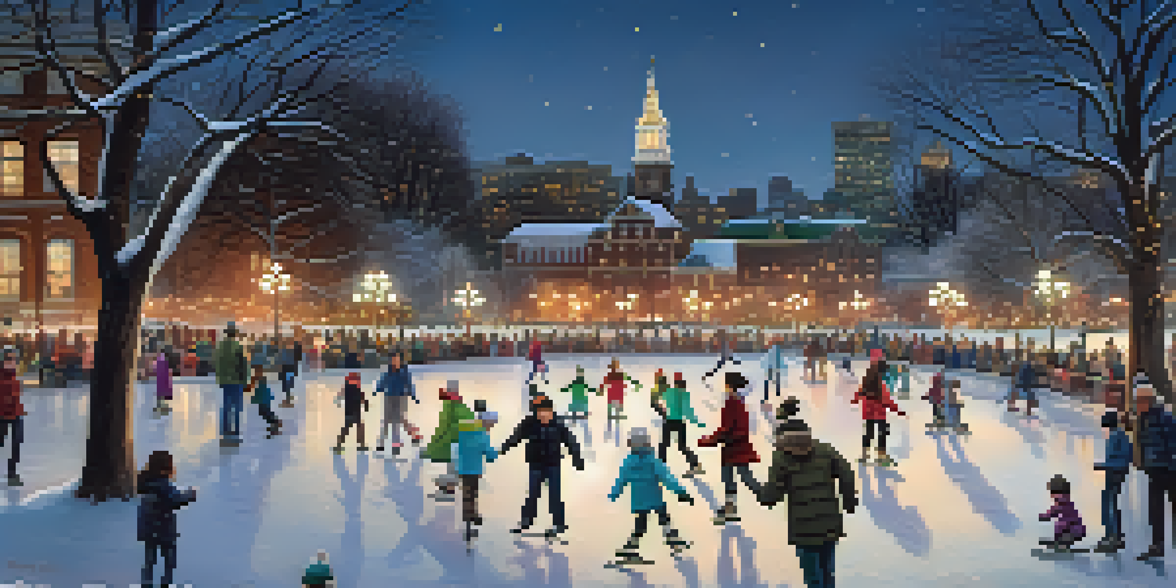 Families ice skating at Frog Pond in Boston Common with twinkling lights and snow-covered trees.