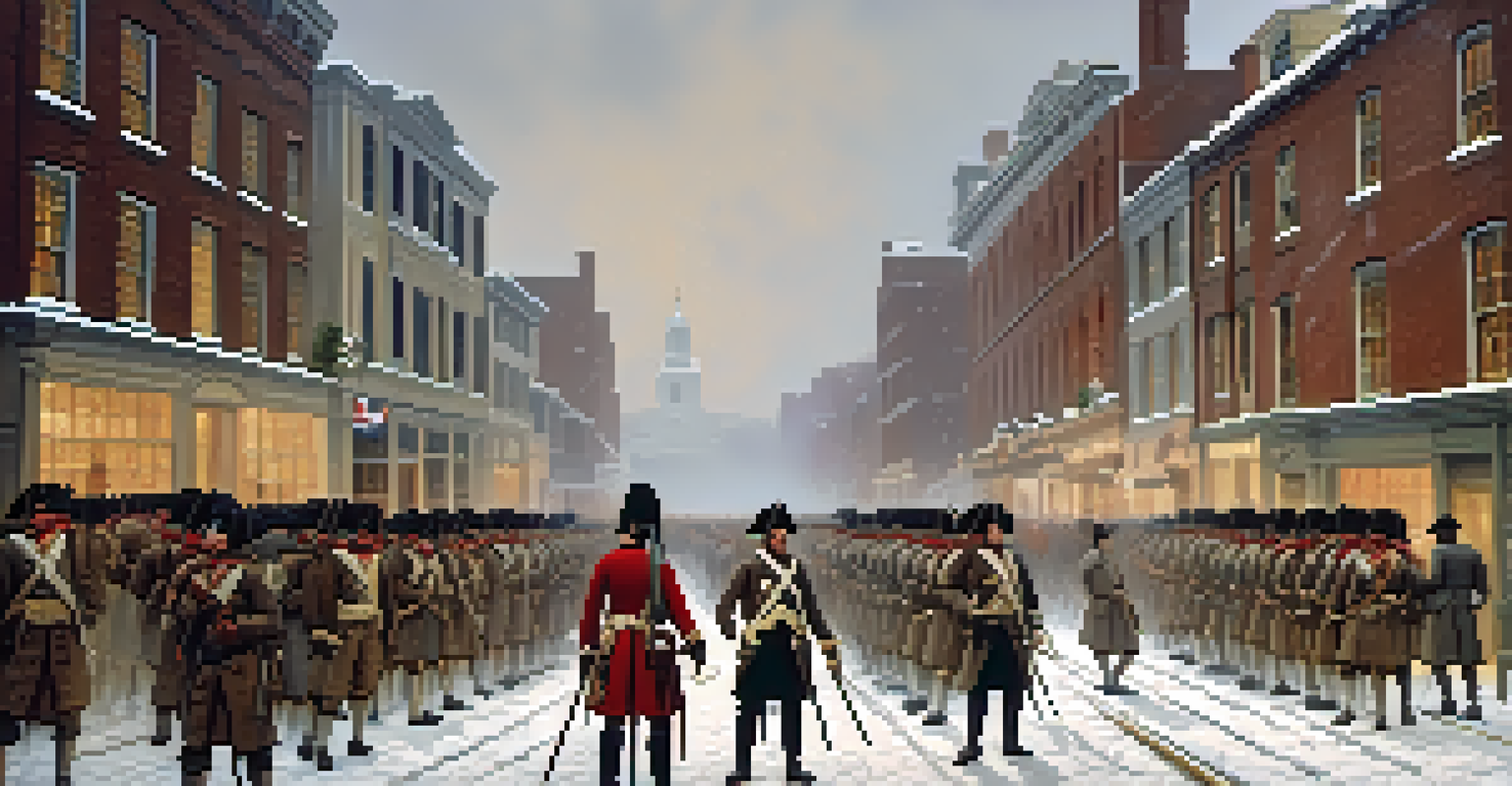 A tense confrontation during the Boston Massacre, with British soldiers and colonists in a snowy street, capturing the emotions of the moment.
