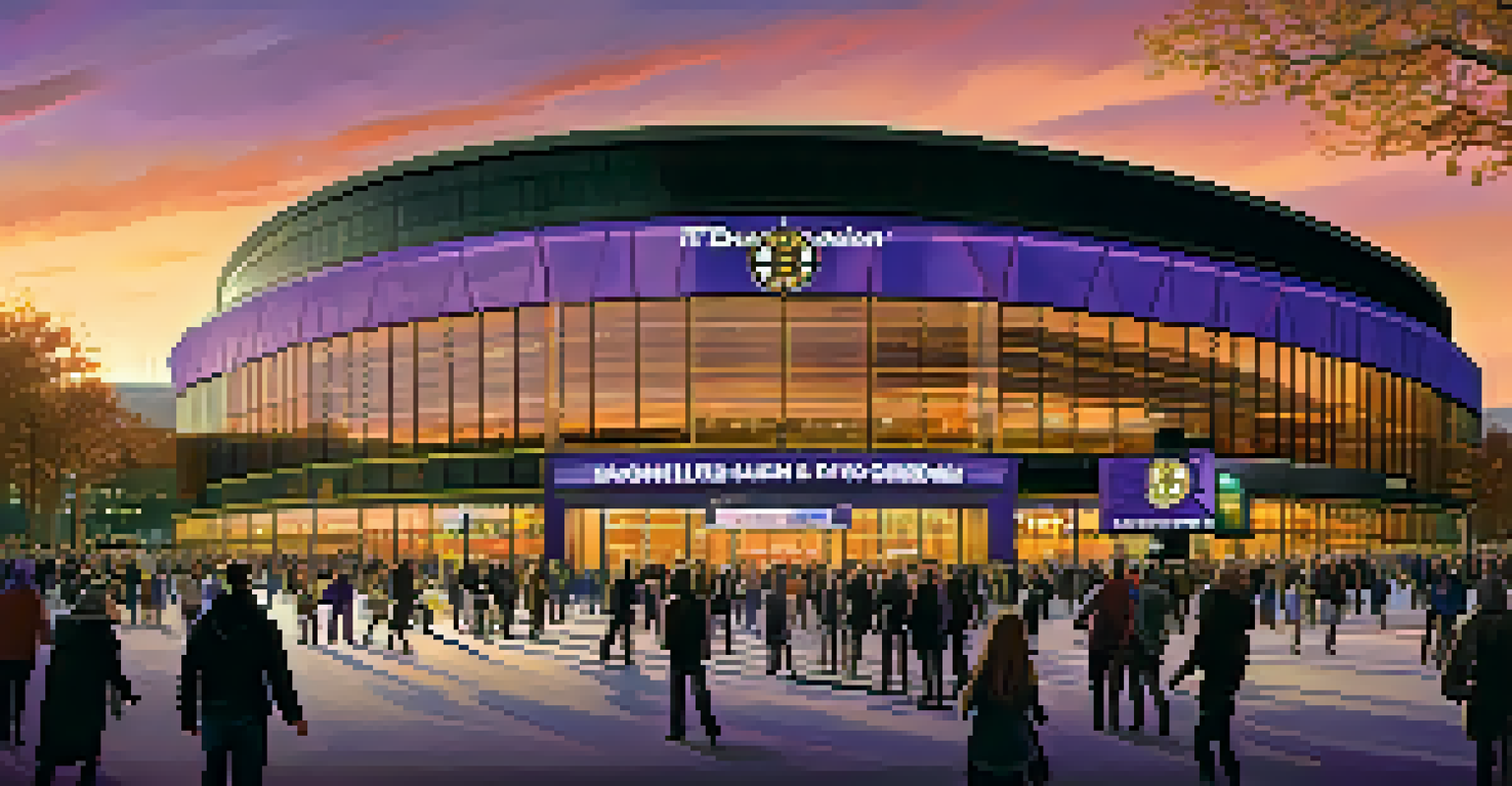 The exterior of TD Garden at sunset, highlighting its modern architecture with glowing lights and fans entering the arena.
