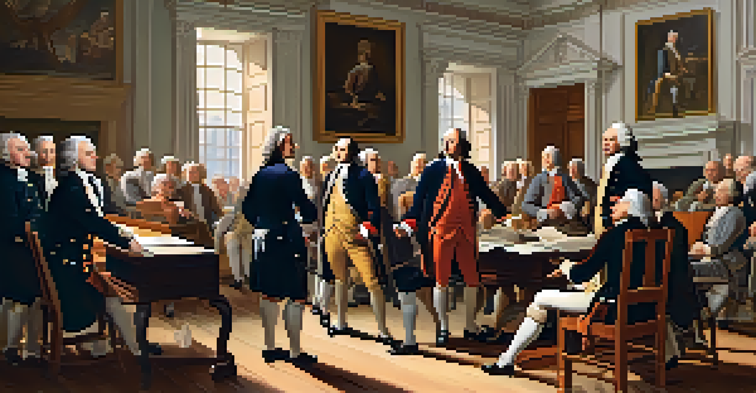 A gathering at the First Continental Congress, showing delegates discussing in a historic room filled with period furniture and sunlight.
