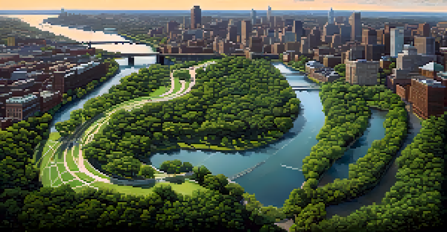 An aerial perspective of the Emerald Necklace in Boston, featuring winding green paths and parks with the city skyline in the background.