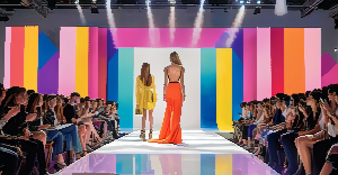 A lively fashion show featuring student designers in a colorful auditorium, with an engaged audience and bright stage lights.