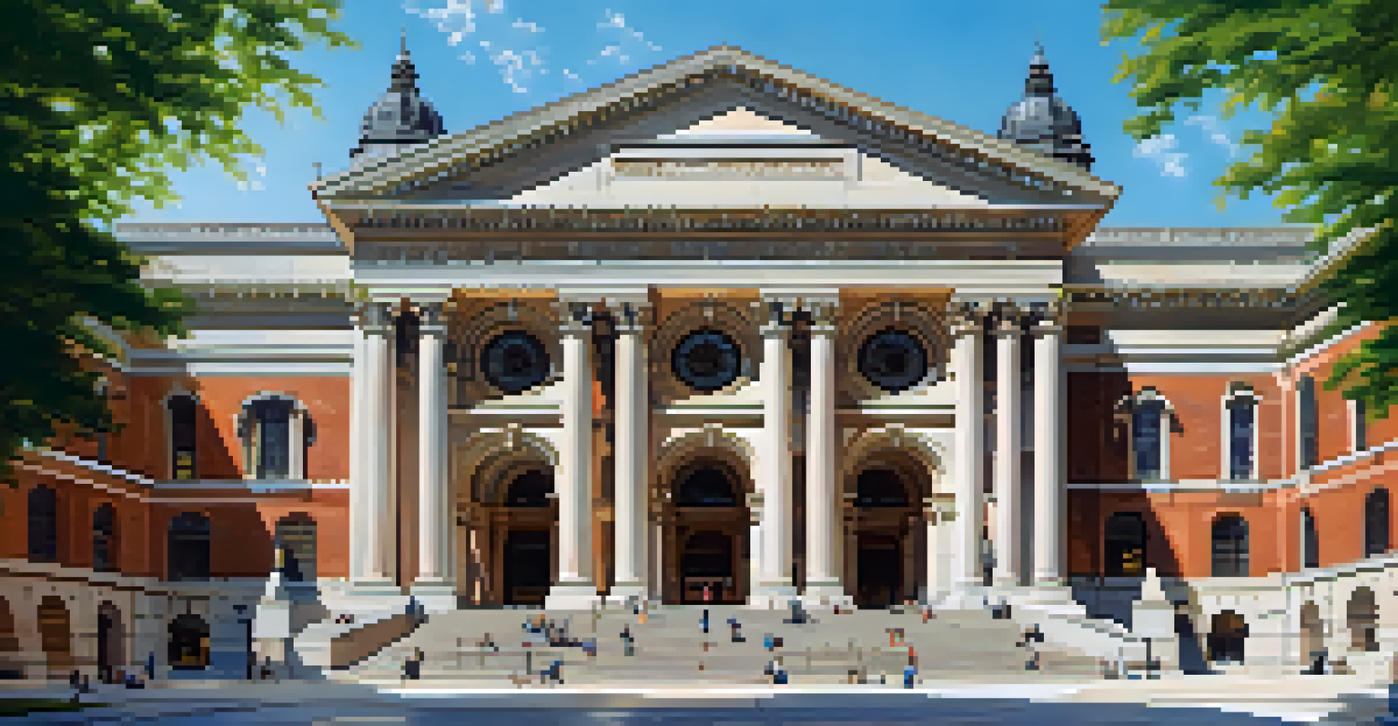 The Boston Public Library's McKim Building with grand architecture and sculptures, surrounded by greenery and sunlight.
