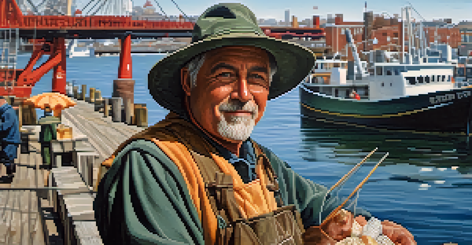 A fisherman holding fresh seafood at Boston's port with colorful boats in the background.