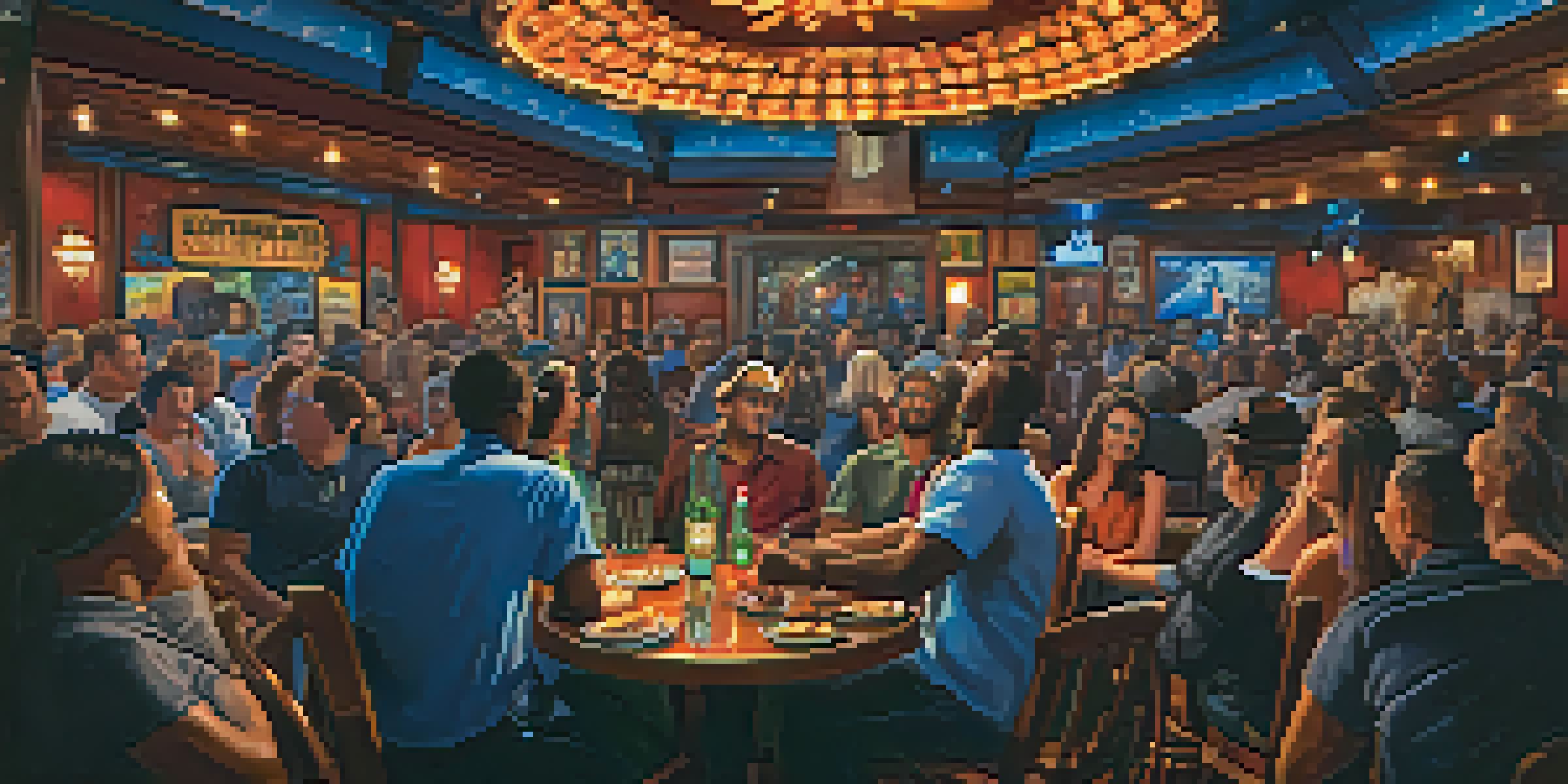 A lively concert at the House of Blues with a band performing on stage, surrounded by a colorful crowd and artistic decor.