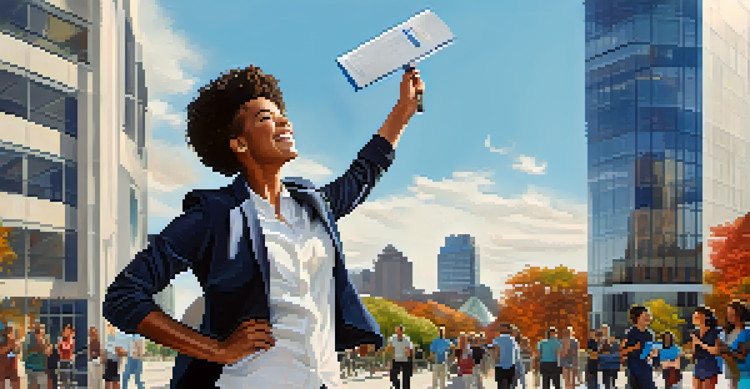 A graduate celebrating with a diploma outside a modern tech building in Boston, with the skyline in the background.