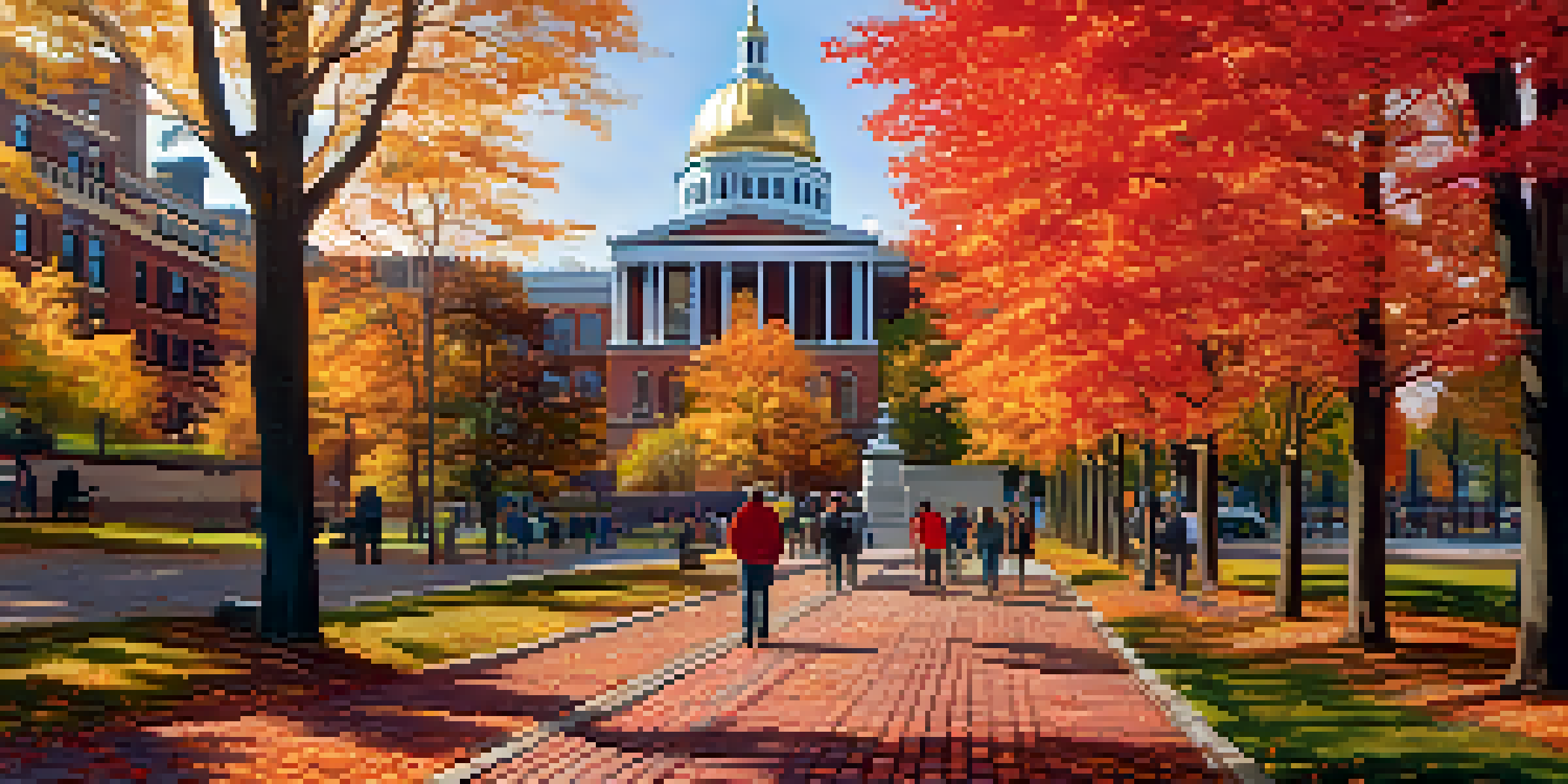 A scenic view of the Freedom Trail in Boston with a red-brick pathway and tourists, surrounded by colorful autumn trees and historical buildings.