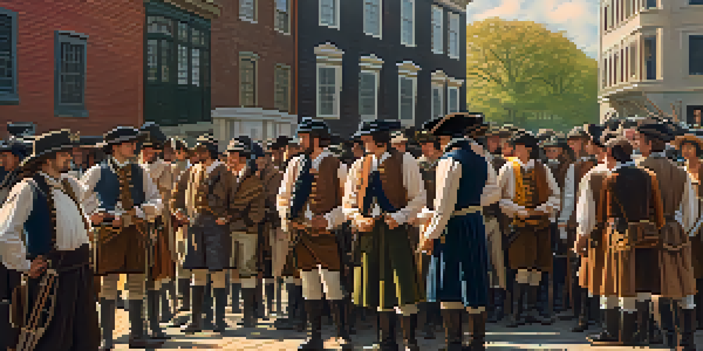 A group of colonists in colonial clothing discussing their grievances in a historic Boston street, with buildings and warm sunlight in the background.