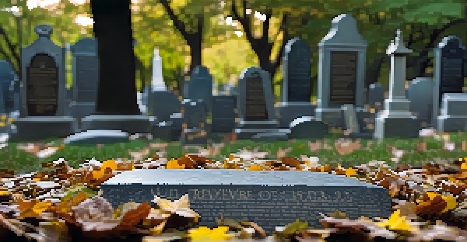 A close-up of a gravestone with an inscription, surrounded by small tokens of remembrance.