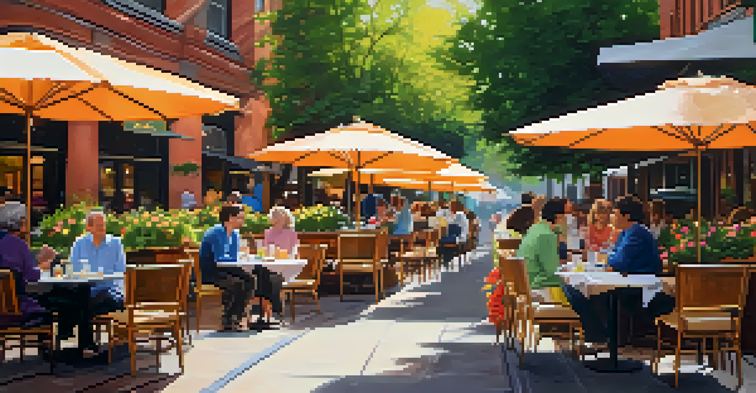 A charming outdoor cafe in Back Bay with colorful umbrellas and diners enjoying their meals amidst greenery and flowers.