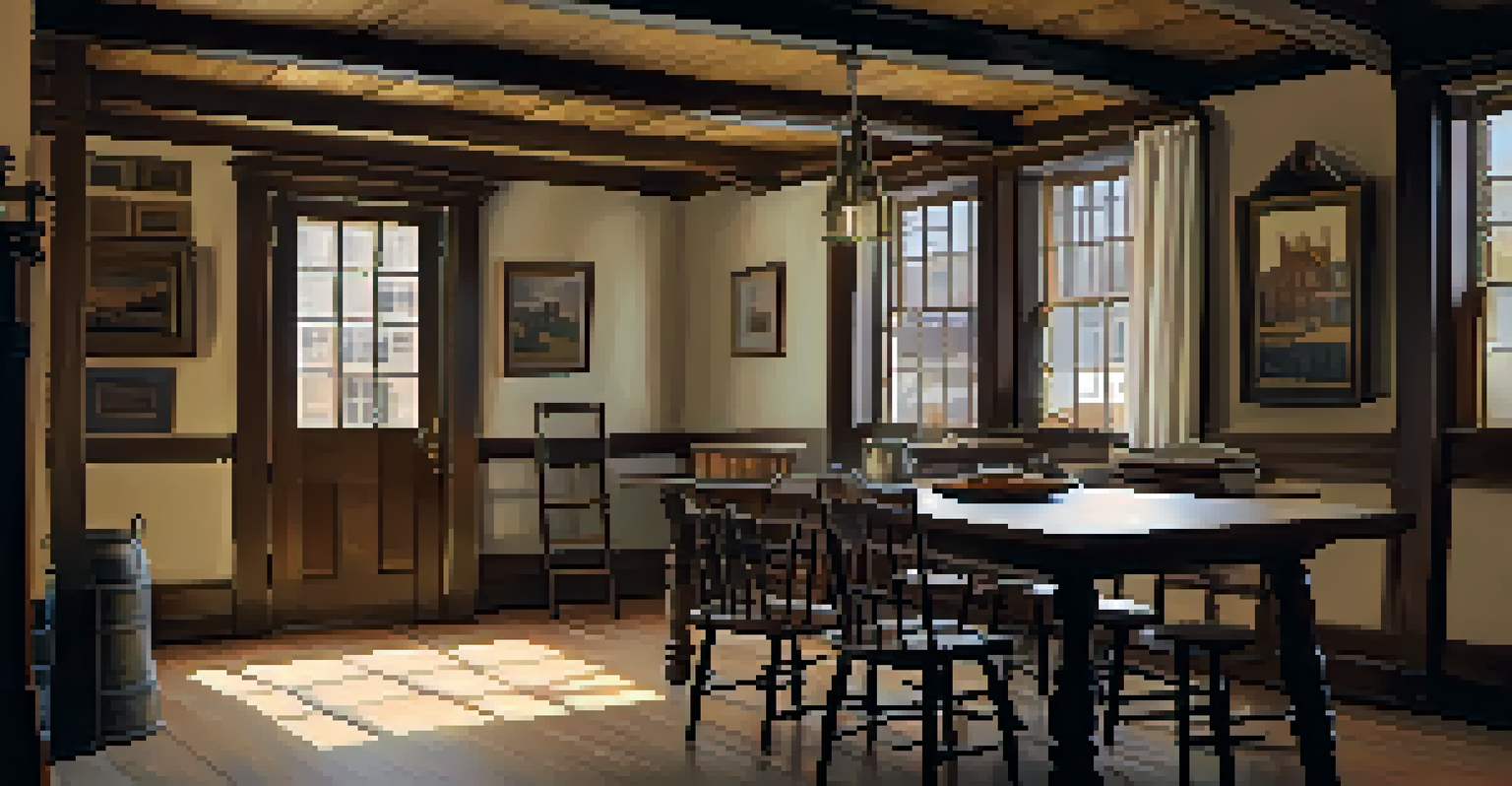 Interior view of the Paul Revere House with colonial furnishings and wooden beams, filled with natural light.