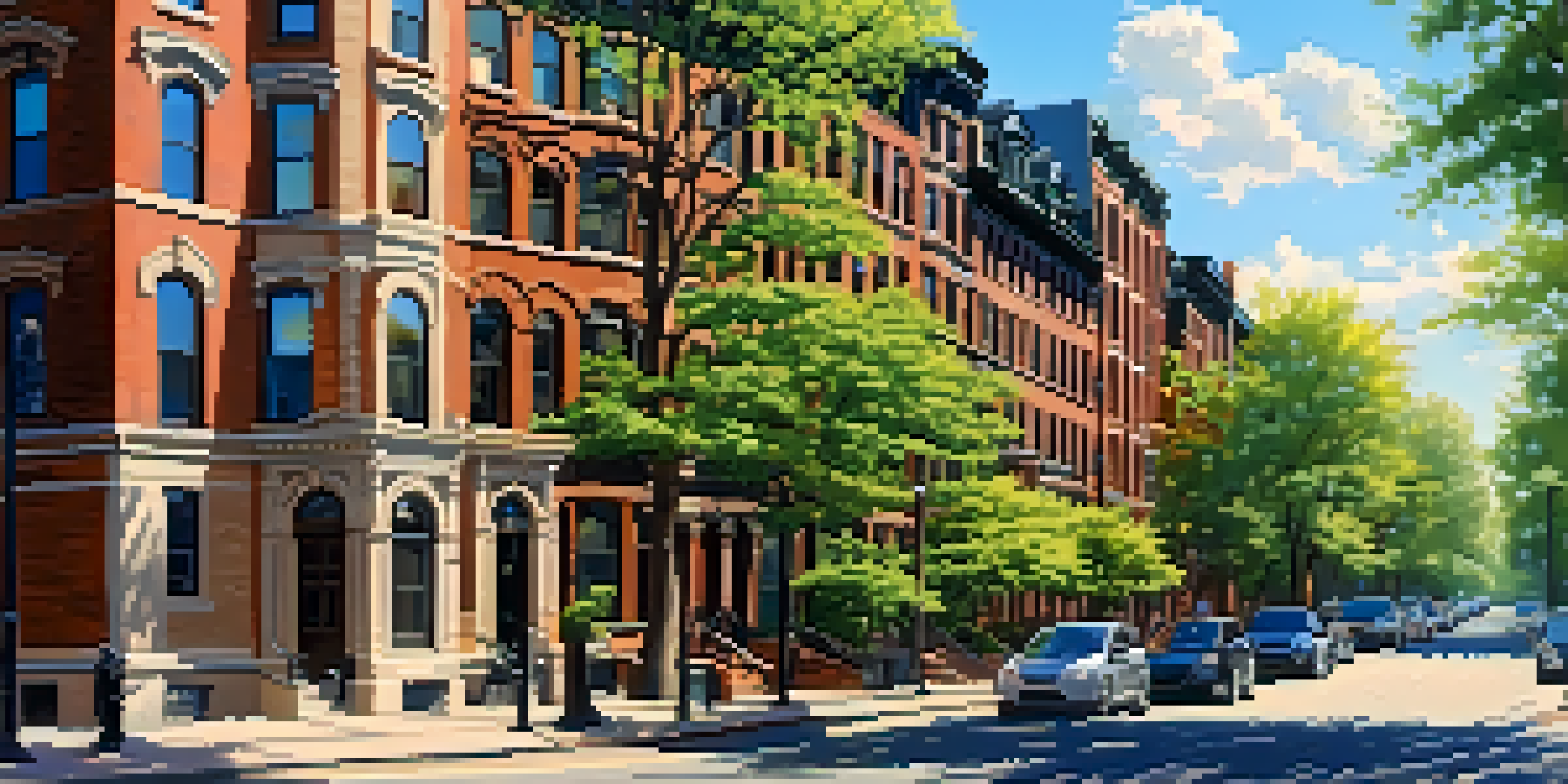 A scenic street in Back Bay, Boston, with Victorian brownstones, trees, and the Charles River in the background under a sunny sky.