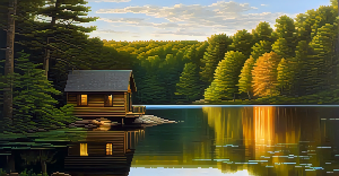 A peaceful view of Walden Pond at sunrise with a wooden cabin and surrounding trees.