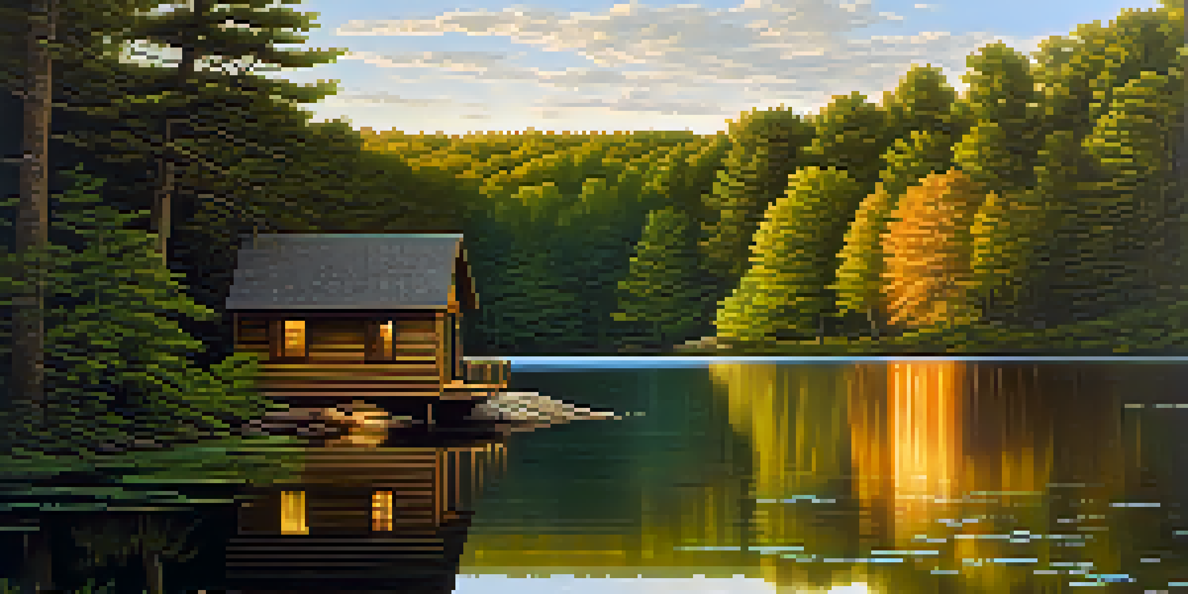 A peaceful view of Walden Pond at sunrise with a wooden cabin and surrounding trees.