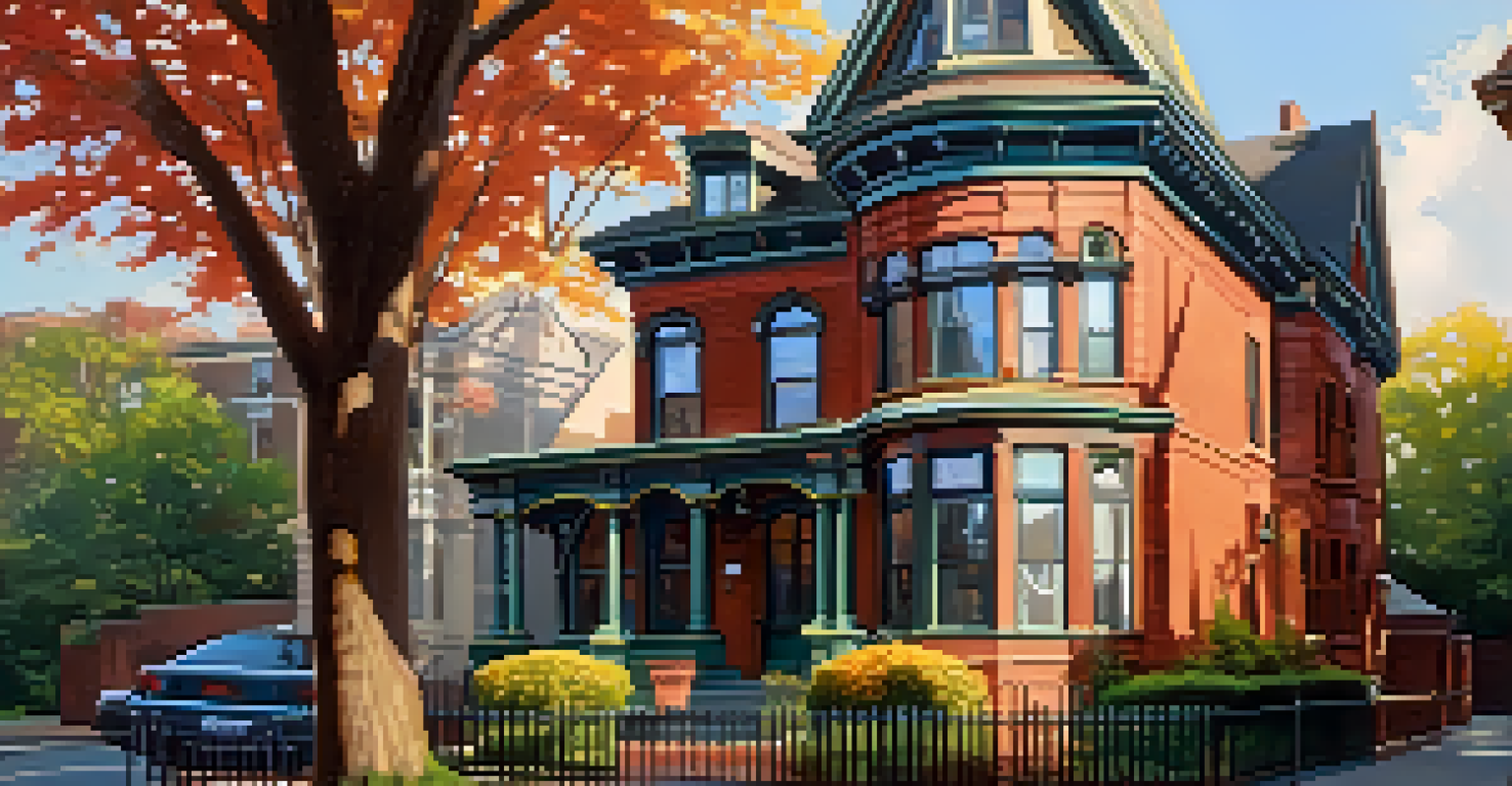 A colorful Victorian Queen Anne style house with a turret and porch, set in Boston's Back Bay area, illuminated by warm afternoon sunlight.