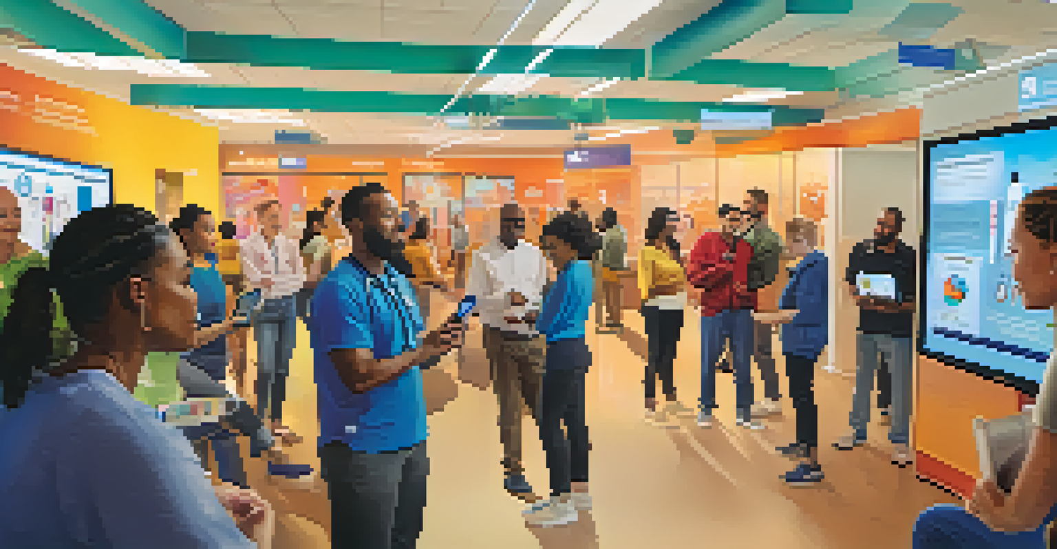 A modern scene of a community health campaign in Boston, showcasing people using digital health tools and engaging with health information.